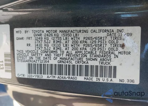 2010 Toyota Tacoma Base V6 z USA, uszkodzony, nr VIN 5TEUU4EN1AZ712164